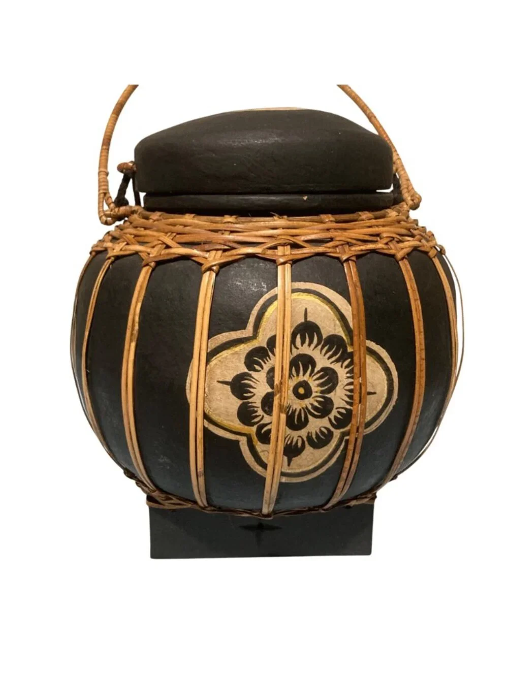 Vintage Thai Bamboo And Wood Rice Basket Hand Painted Floral Design
